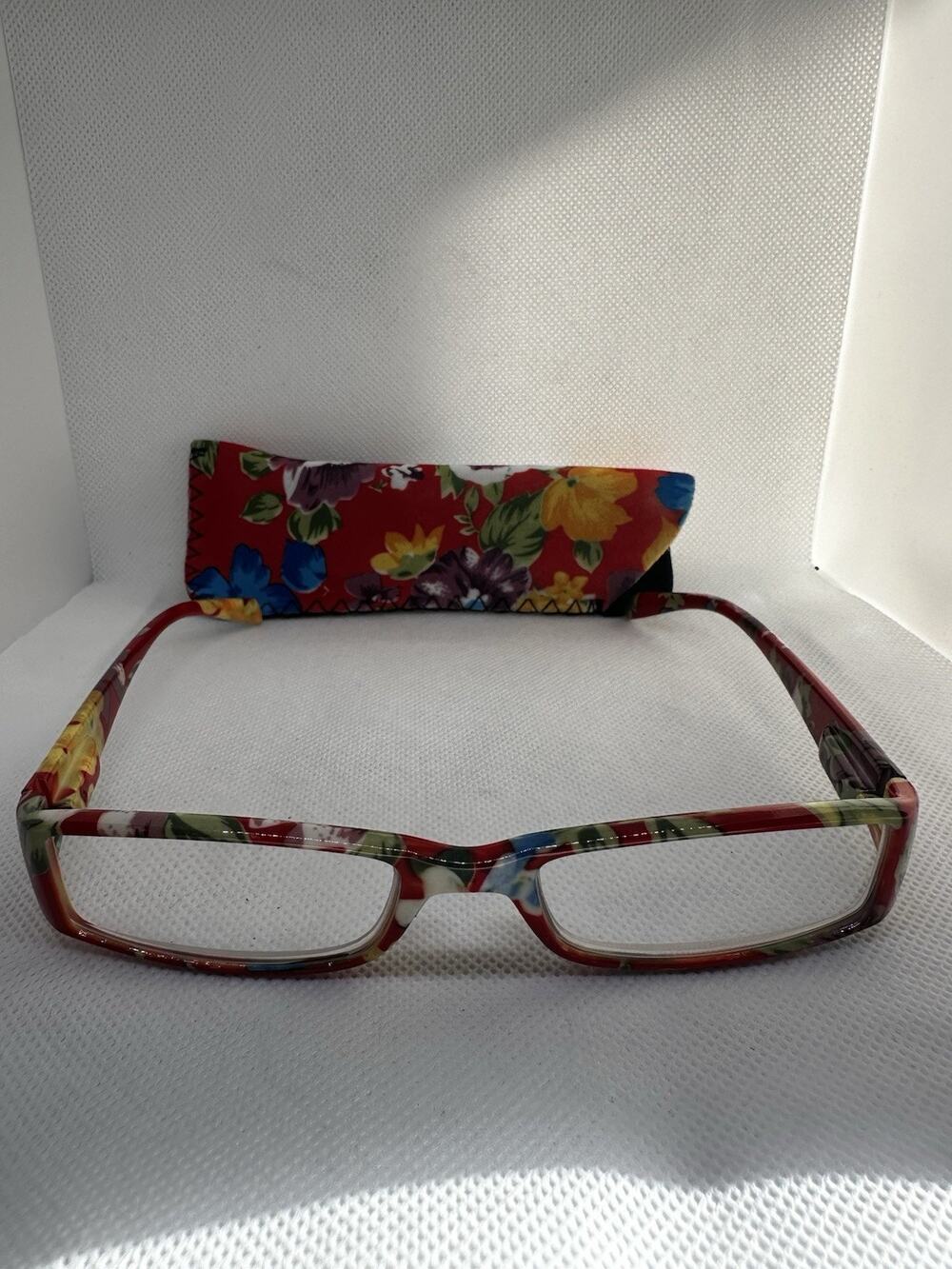 Womens Reading Glasses +2.50 Red Floral Readers Magnifier Full Rim Case Included